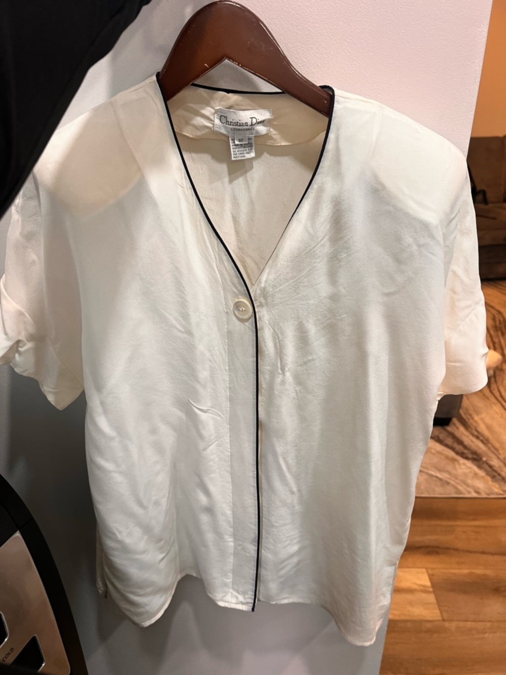 Dior Cream Short-Sleeve V-Neck Blouse with Black Trim